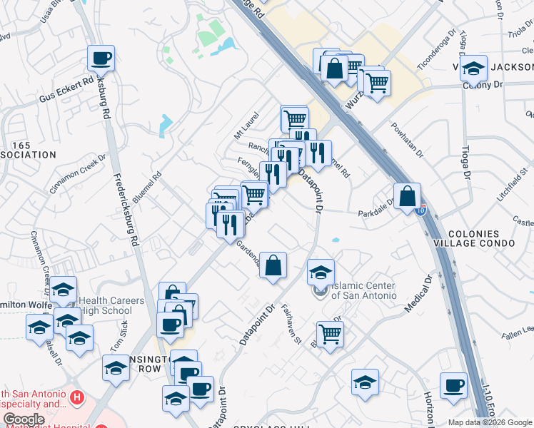 map of restaurants, bars, coffee shops, grocery stores, and more near 9030 Wurzbach Road in San Antonio