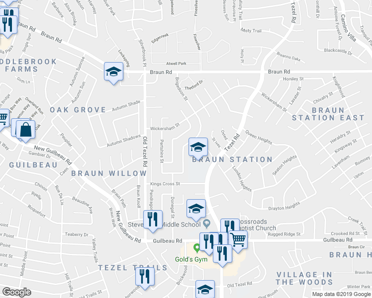 map of restaurants, bars, coffee shops, grocery stores, and more near 8834 Brigadoon Street in San Antonio