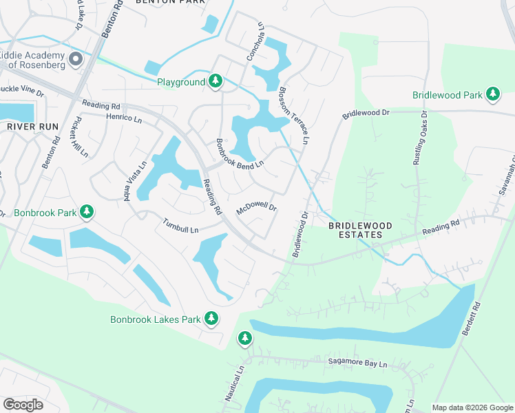 map of restaurants, bars, coffee shops, grocery stores, and more near 9506 McDowell Drive in Rosenberg