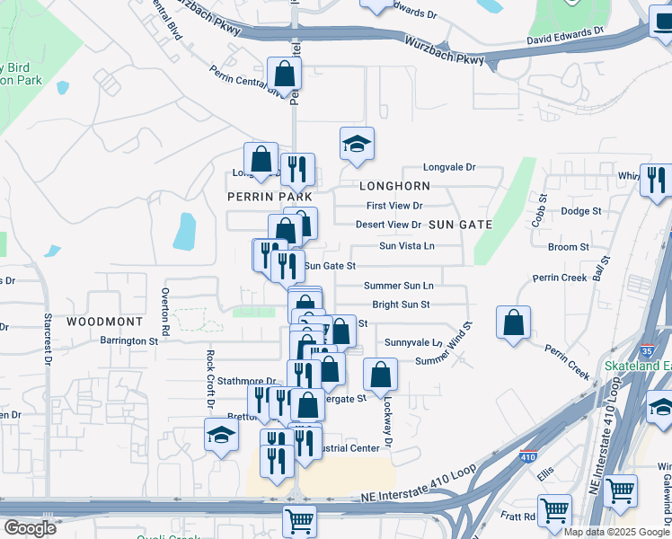 map of restaurants, bars, coffee shops, grocery stores, and more near 4250 Spring Dawn Street in San Antonio