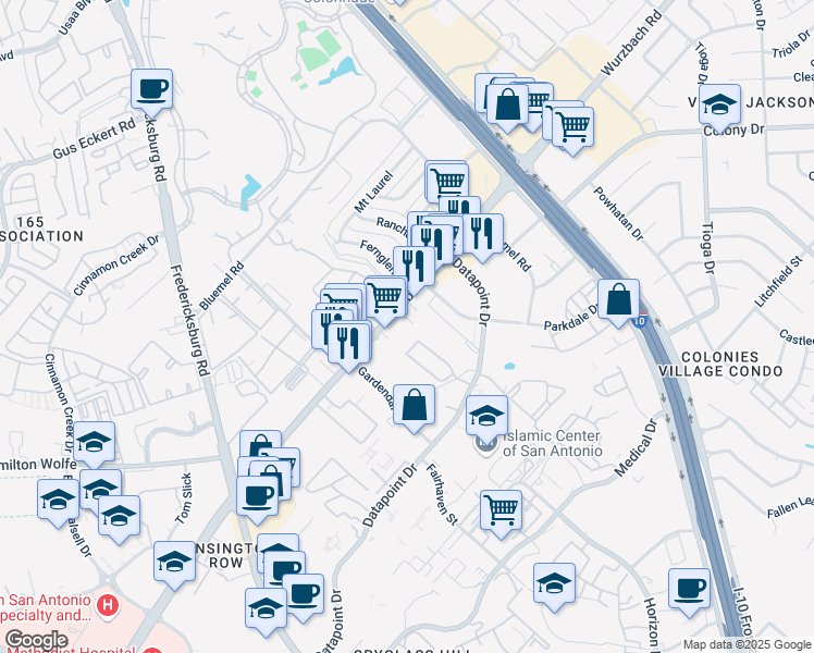 map of restaurants, bars, coffee shops, grocery stores, and more near 9030 Wurzbach Road in San Antonio