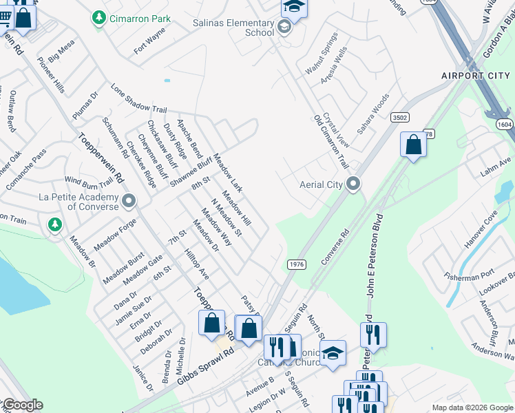 map of restaurants, bars, coffee shops, grocery stores, and more near 118 Meadow Lark in Converse