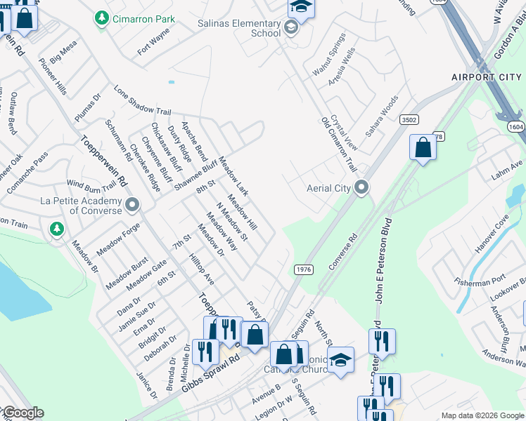 map of restaurants, bars, coffee shops, grocery stores, and more near 118 Meadow Lark in Converse