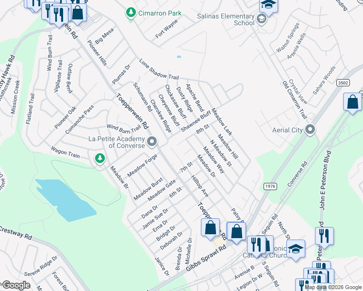 map of restaurants, bars, coffee shops, grocery stores, and more near 8416 8th Street in Converse