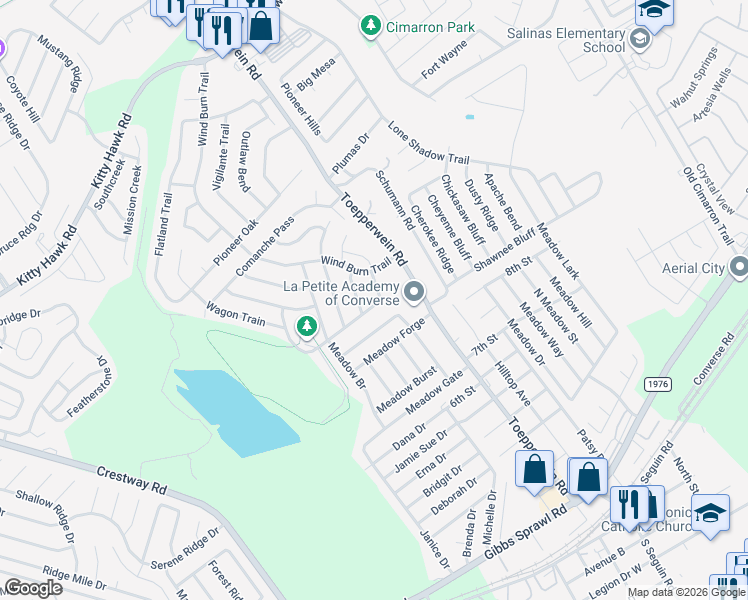 map of restaurants, bars, coffee shops, grocery stores, and more near 9814 Twin Saddles in Converse
