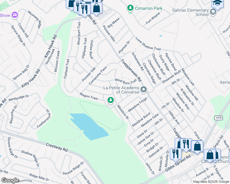 map of restaurants, bars, coffee shops, grocery stores, and more near 9731 Covered Wagon in Converse