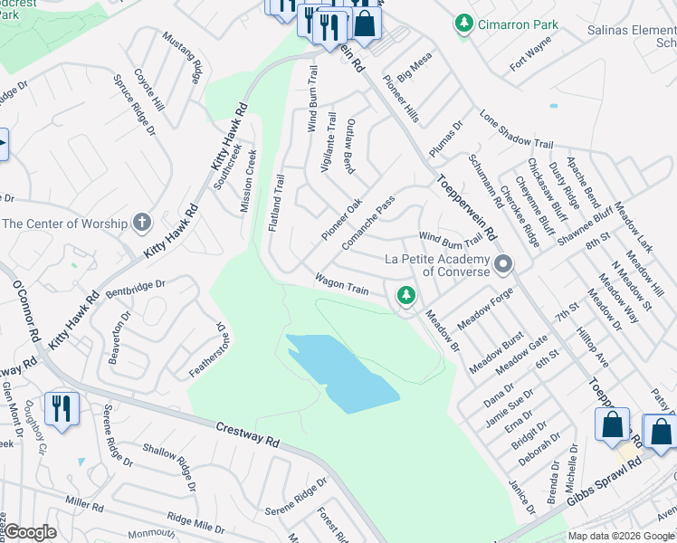 map of restaurants, bars, coffee shops, grocery stores, and more near 10081 Palomino Canyon in Converse