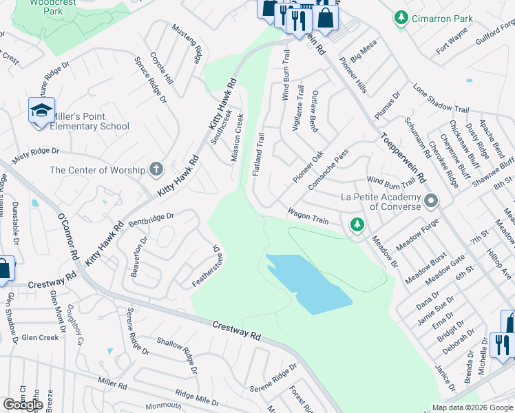 map of restaurants, bars, coffee shops, grocery stores, and more near 9835 Flatland Trail in Converse