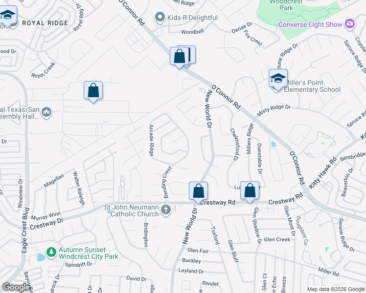 map of restaurants, bars, coffee shops, grocery stores, and more near 9514 Bending Crest in San Antonio