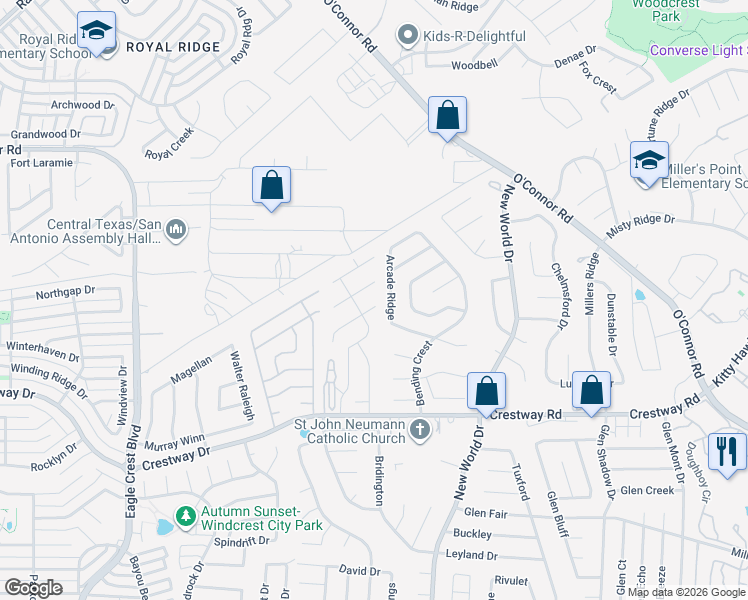 map of restaurants, bars, coffee shops, grocery stores, and more near 6510 Wind Path in San Antonio