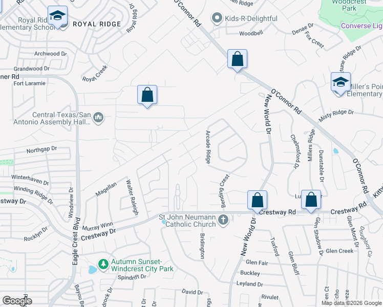 map of restaurants, bars, coffee shops, grocery stores, and more near 6510 Wind Path in San Antonio