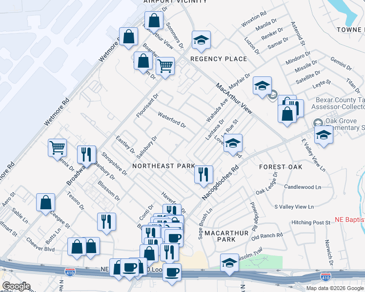 map of restaurants, bars, coffee shops, grocery stores, and more near 9415 Wahada Avenue in San Antonio