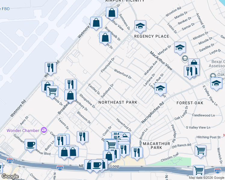 map of restaurants, bars, coffee shops, grocery stores, and more near 2606 Woodbury Drive in San Antonio