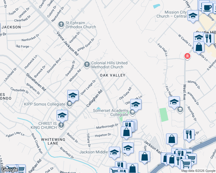 map of restaurants, bars, coffee shops, grocery stores, and more near 9303 Callaghan Road in San Antonio