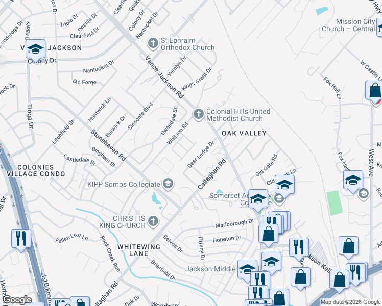 map of restaurants, bars, coffee shops, grocery stores, and more near 3014 Roman Place in San Antonio