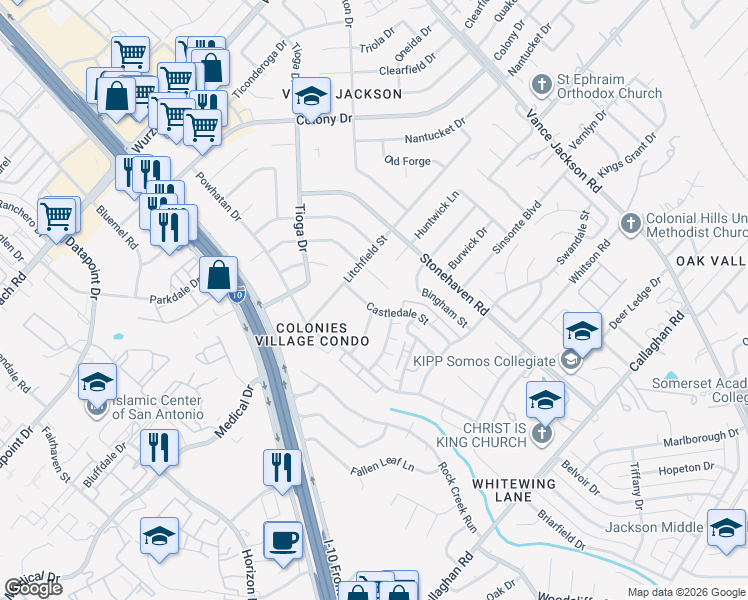 map of restaurants, bars, coffee shops, grocery stores, and more near 3315 Castledale Street in San Antonio