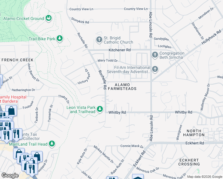 map of restaurants, bars, coffee shops, grocery stores, and more near 8862 Rochelle Road in San Antonio