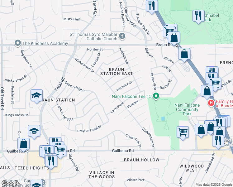 map of restaurants, bars, coffee shops, grocery stores, and more near 8440 Heraldry Street in San Antonio