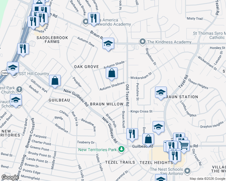 map of restaurants, bars, coffee shops, grocery stores, and more near 9606 Autumn Shadows in San Antonio