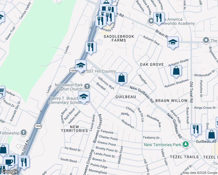 map of restaurants, bars, coffee shops, grocery stores, and more near 9303 Gillcross Way in San Antonio