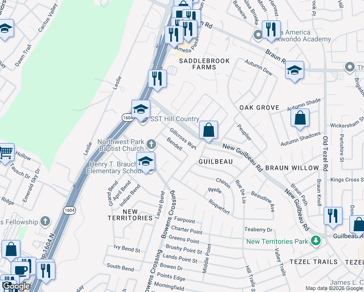 map of restaurants, bars, coffee shops, grocery stores, and more near 9331 Bendell in San Antonio