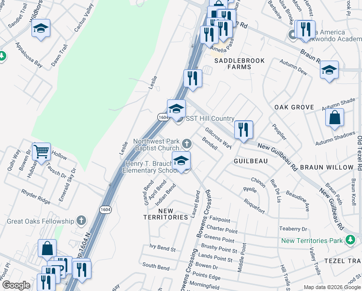 map of restaurants, bars, coffee shops, grocery stores, and more near 8211 April Bend in San Antonio