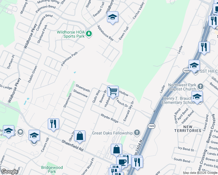 map of restaurants, bars, coffee shops, grocery stores, and more near 9118 Quihi Way in San Antonio