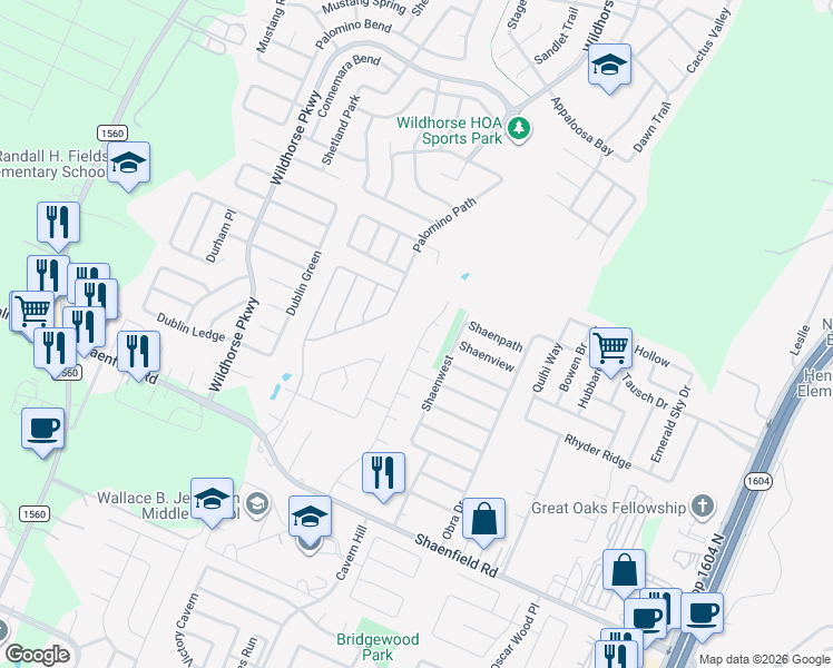 map of restaurants, bars, coffee shops, grocery stores, and more near 9043 Mustang Pass in San Antonio