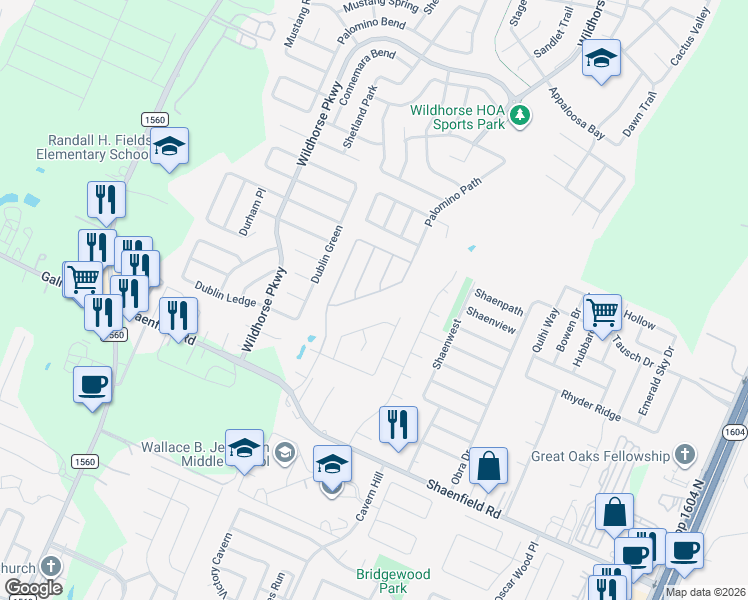 map of restaurants, bars, coffee shops, grocery stores, and more near 9110 Mare Hunt in San Antonio