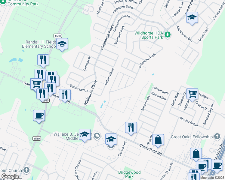 map of restaurants, bars, coffee shops, grocery stores, and more near 9027 Canter Horse in San Antonio