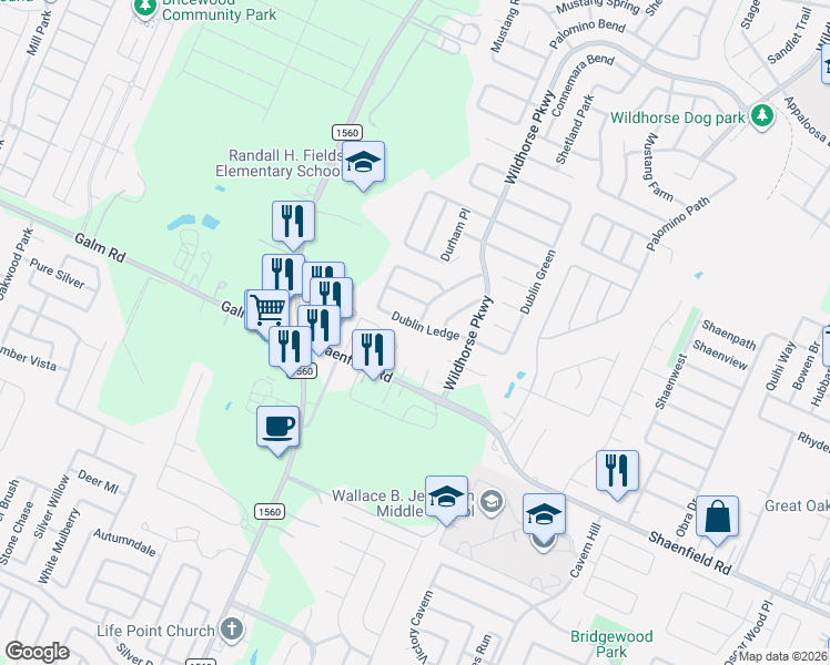 map of restaurants, bars, coffee shops, grocery stores, and more near 11154 Dublin Circle in San Antonio