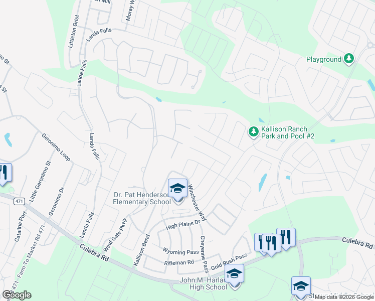 map of restaurants, bars, coffee shops, grocery stores, and more near 14566 Clydesdale Trail in San Antonio