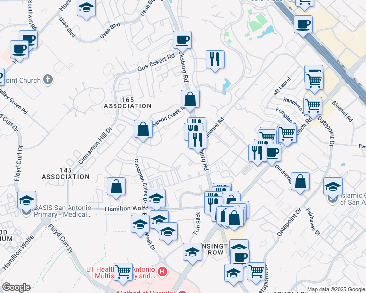 map of restaurants, bars, coffee shops, grocery stores, and more near 9433 Fredericksburg Road in San Antonio