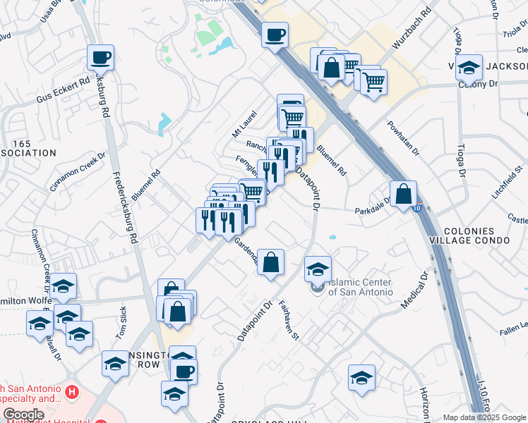 map of restaurants, bars, coffee shops, grocery stores, and more near 9030 Wurzbach Road in San Antonio