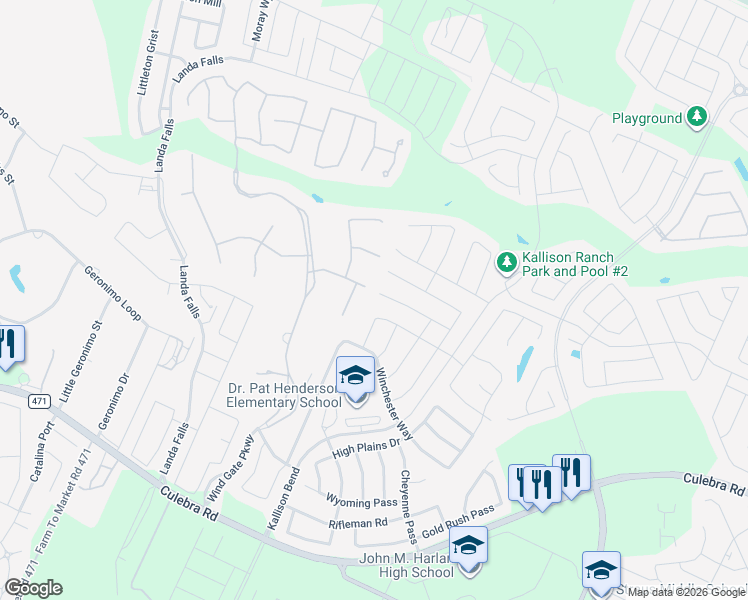 map of restaurants, bars, coffee shops, grocery stores, and more near 14566 Clydesdale Trail in San Antonio