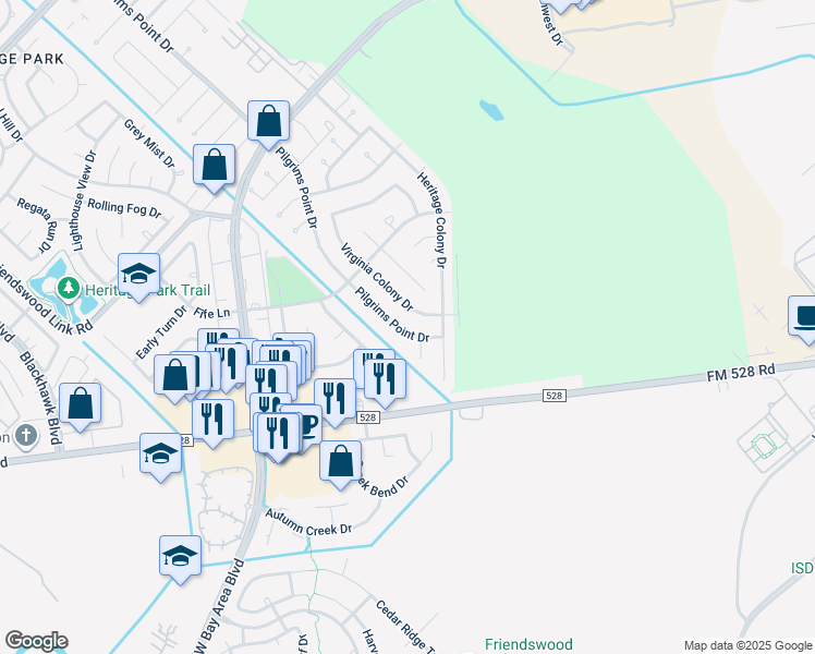 map of restaurants, bars, coffee shops, grocery stores, and more near 2855 Pilgrims Point Drive in Webster