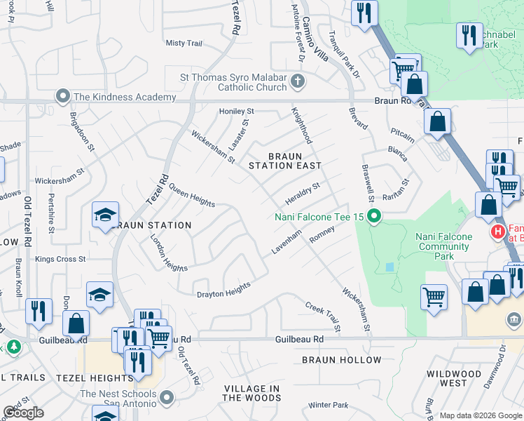 map of restaurants, bars, coffee shops, grocery stores, and more near 8514 Watch Tower Street in San Antonio