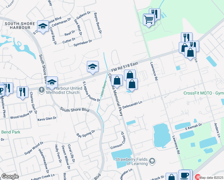 map of restaurants, bars, coffee shops, grocery stores, and more near 114 Crescent Bay Drive in League City