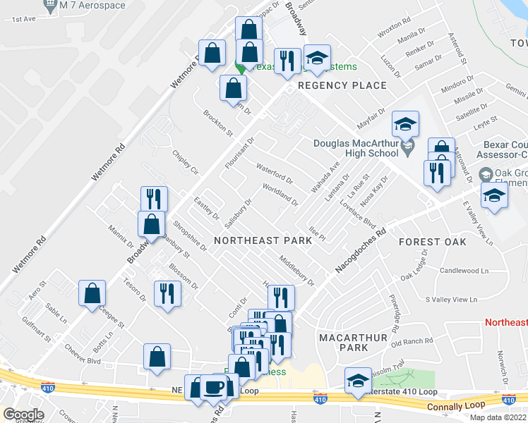 map of restaurants, bars, coffee shops, grocery stores, and more near 2627 Woodbury Drive in San Antonio
