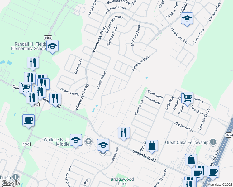 map of restaurants, bars, coffee shops, grocery stores, and more near 9110 Mare Hunt in San Antonio