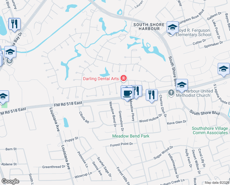 map of restaurants, bars, coffee shops, grocery stores, and more near 2109 Royal Oaks Drive in League City