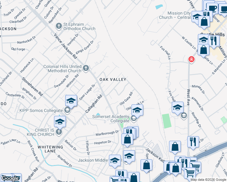 map of restaurants, bars, coffee shops, grocery stores, and more near 9219 Old Homestead Street in San Antonio