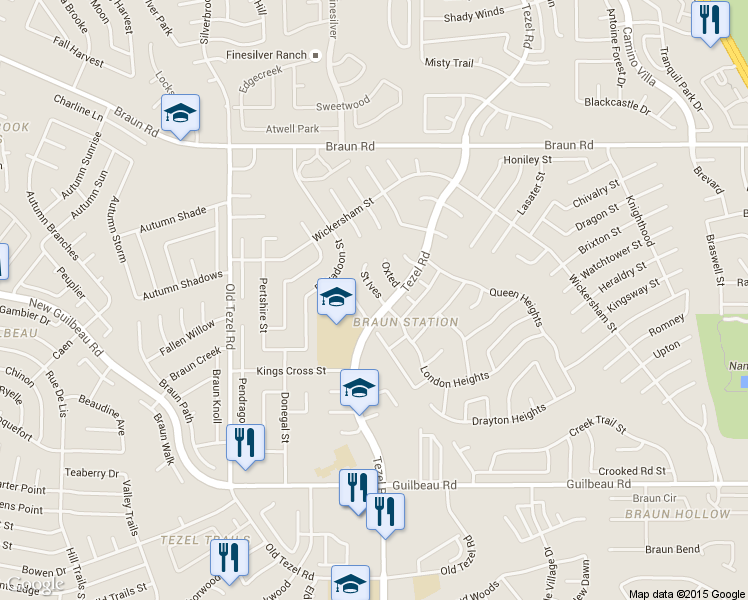 map of restaurants, bars, coffee shops, grocery stores, and more near 9207 Saint Ives in San Antonio