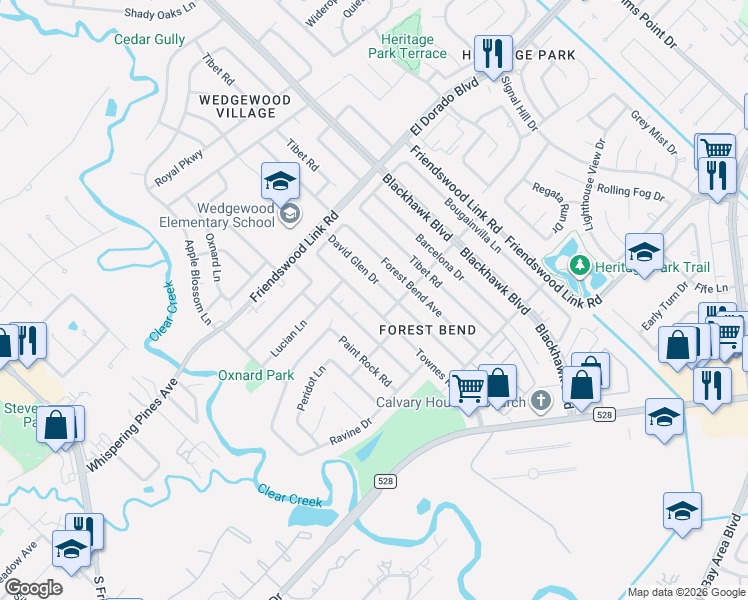 map of restaurants, bars, coffee shops, grocery stores, and more near 16731 Townes Road in Friendswood