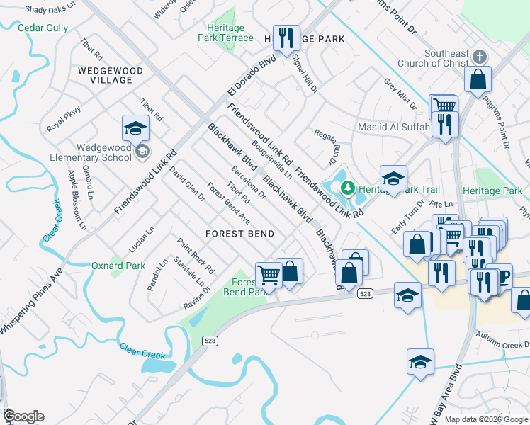 map of restaurants, bars, coffee shops, grocery stores, and more near 16902 Tibet Road in Friendswood