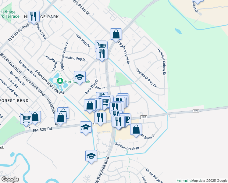 map of restaurants, bars, coffee shops, grocery stores, and more near 3 Bay Area Boulevard in Webster