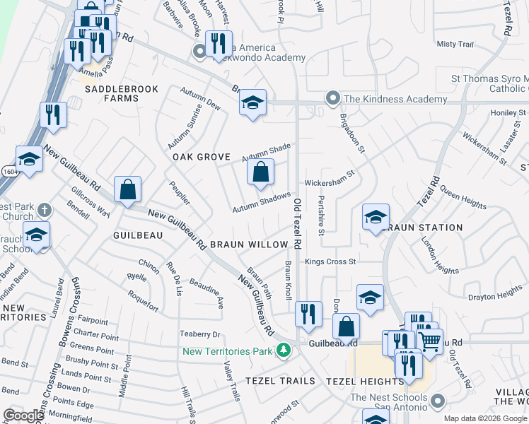 map of restaurants, bars, coffee shops, grocery stores, and more near 9606 Autumn Shadows in San Antonio