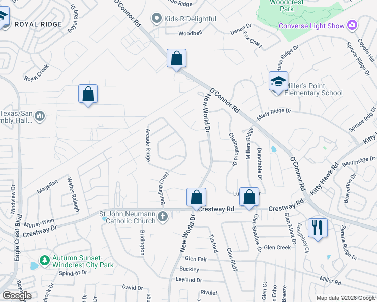 map of restaurants, bars, coffee shops, grocery stores, and more near 9514 Bending Crest in San Antonio