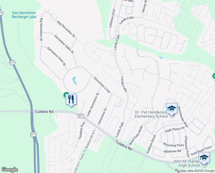 map of restaurants, bars, coffee shops, grocery stores, and more near 15031 Geronimo Loop in San Antonio