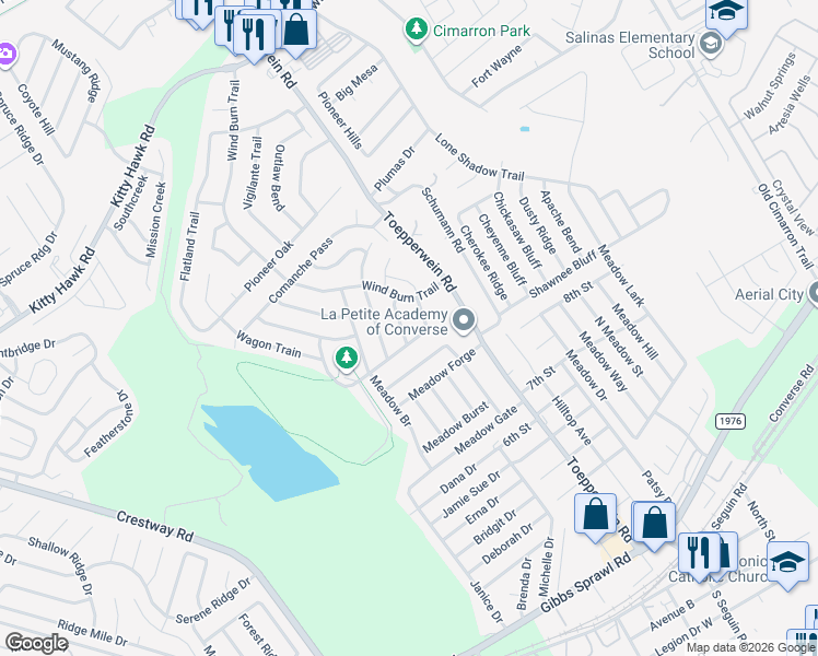 map of restaurants, bars, coffee shops, grocery stores, and more near 9814 Twin Saddles in Converse